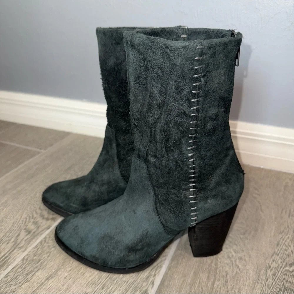 Free People Faded Black Suede Boots Distressed Leather Mid‎ Calf Heel US 8 (39)